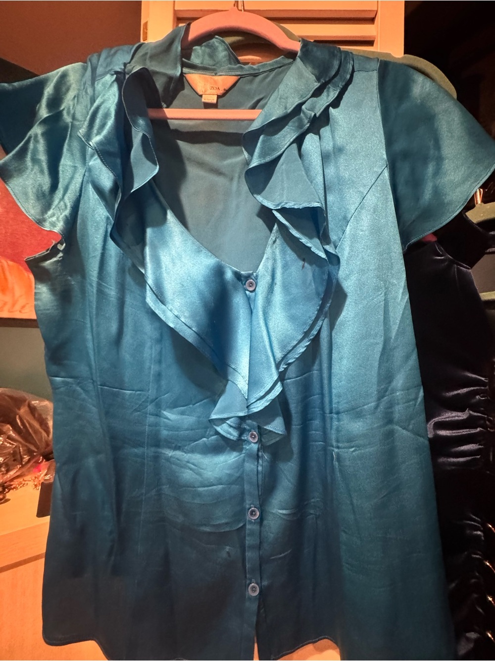 Zia Silk Ruffle Front Blouse - turquoise jewel blue XL